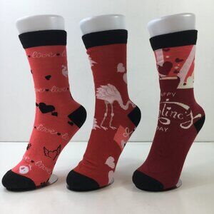 Womens Crew Socks Set 2 Heart Flamingos "Love" Print Pink Red Black White